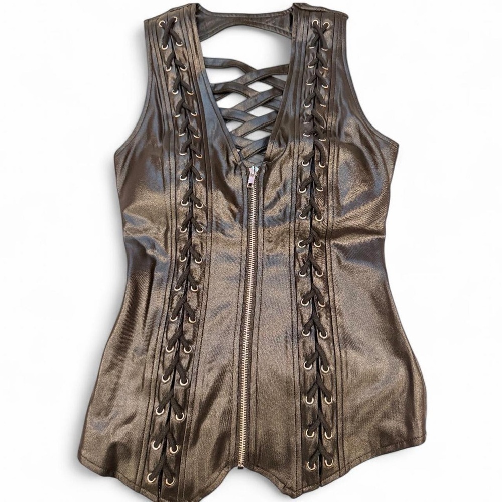 OHYES FASHION BLACK LACE UP DETAIL ZIP UP SLEEVELESS TOP - Picture 5 of 6